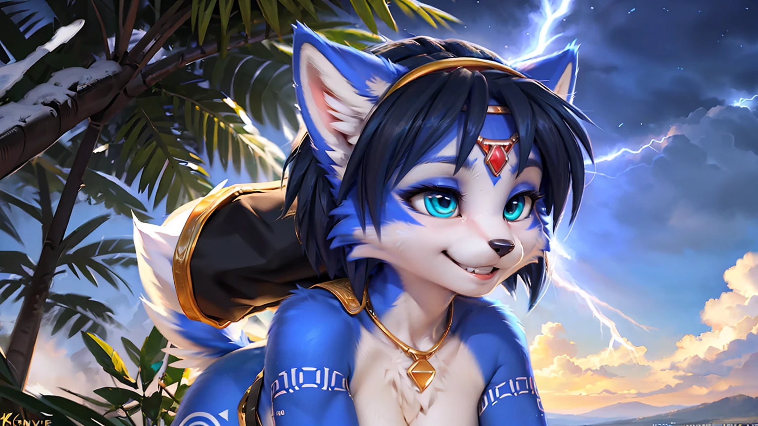 A beautiful and detailed (sweet picture) wa ((krystal)), Star Fox Krystal, sslim, lovable, green eyes, medium breasts, (((Long blue hair 1.3))),  ((black hair tips)), Decollete, grin, look up,, anthro, furry, Uploaded E621, detailed fluffy fur, (wa Fluff-Kevlar, Bayard Wu, personalize me, Pino Daeni), detailed face, (fluffy), 1 girl, alone,  Tribal clothing, sweet girl, alone4k, ,8k, A high resolution, best qualite, Perfect colors, perfect shadows, perfect lightning, posted on e621, (be Chunie, be canene khai, be t.e.starale), Red eees, (Realistic eee details 1.2), Suit for Assassin&#39;s Creed, white assassin robe, hidden blades, rüste zwei hidden blades aus, Assassin's Creed stele cape, blade's in hand, battle pose, battle, in the panoramic view, ​masterpiece, Slim bode, full bode like, walking through a burning rainforest, dramatic lighing, Soft lighting, dae, highle detail, Hair rolled up, a sharp look, a look full of killing intent, smiled slele, fit bode, perfect masculine figure, detailed fur, detailed face, (complex), (Super Detail), (ultra clear), (Best Qualite)
