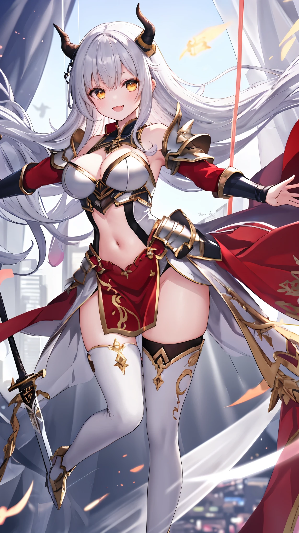 fantasy, 1devil_girl, low_, platina_blond_hair,long_bangs,, bare_shoulder, navel out, thighhighs,silver_armor, red_clothes,waist_armor, Glebe, hold_swords, large_breasts, dynamic_flying_pose,Floating,(pelvic_curtain:1.3), silver_Headgear ,looking_down_at_sunrise_city_sky_background,,slightly_spread_legs, some_swords,some_swords_floating_around_the_girl,solo,horn ,smile,,open_legs,open_arms,rise_knee,rise_leg,rise_thigh,rise_leg,forward_leaning_posture,apart_legs,fang,Shiny_gold_eyes,crotch