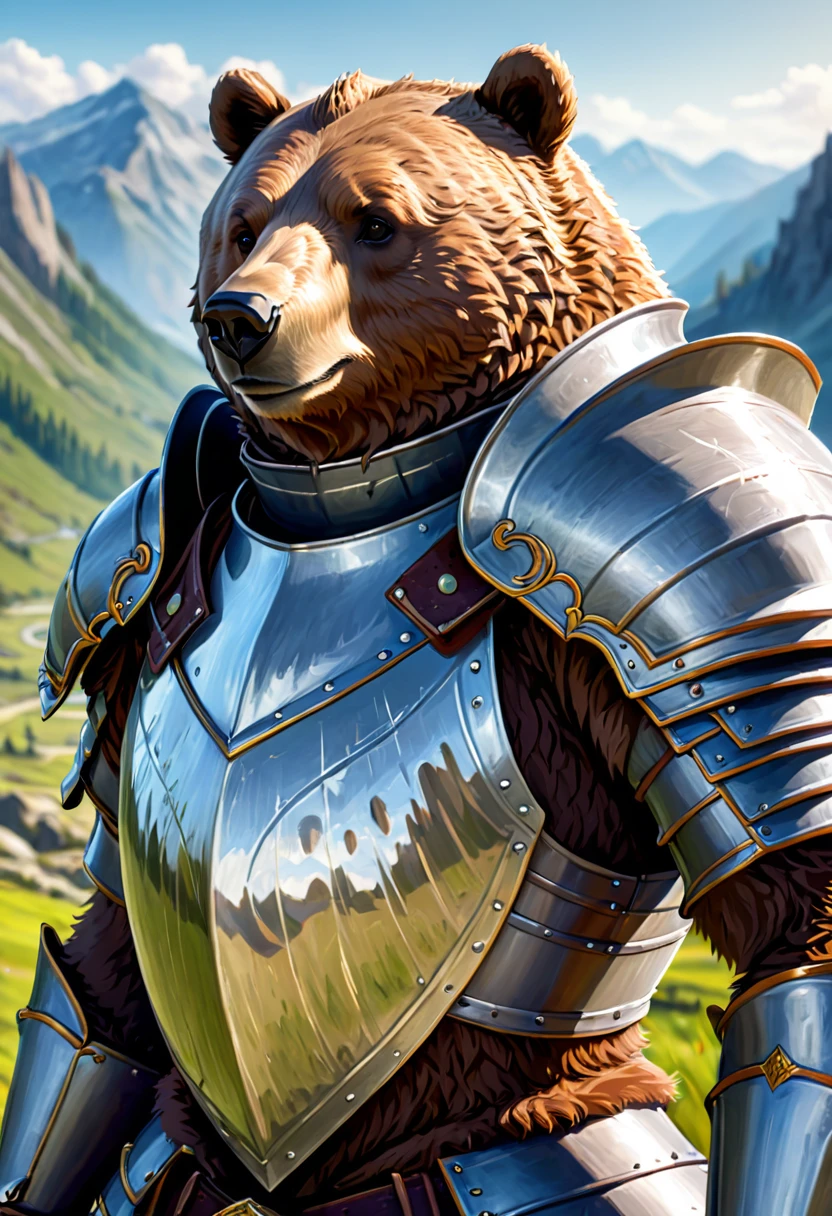 Anthropomorphic Bear knight Official Art – An Award-Winning Digital Masterpiece In 4K Ultra HD, Extreme Detail And Intricate Realism. Symmetrical Face. This Concept Art Brought To Life By The Hands Of Artists Like Wlop & Artgerm In A Stunning 2D Vector Illustration.Background Is A Panoramic Vista.