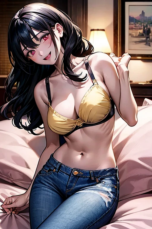 Very detailed、highest quality、Best image quality、masterpiece、8k、Anime Face、A kind smile、Open Mouth、((black middle hair:1.5))、big ??????, ????、 beautiful body 、Cowboy Shot, ??????????????????, ((pink eyes)), hotel bedroom, ((( Jeans))), (((yellow bra)))