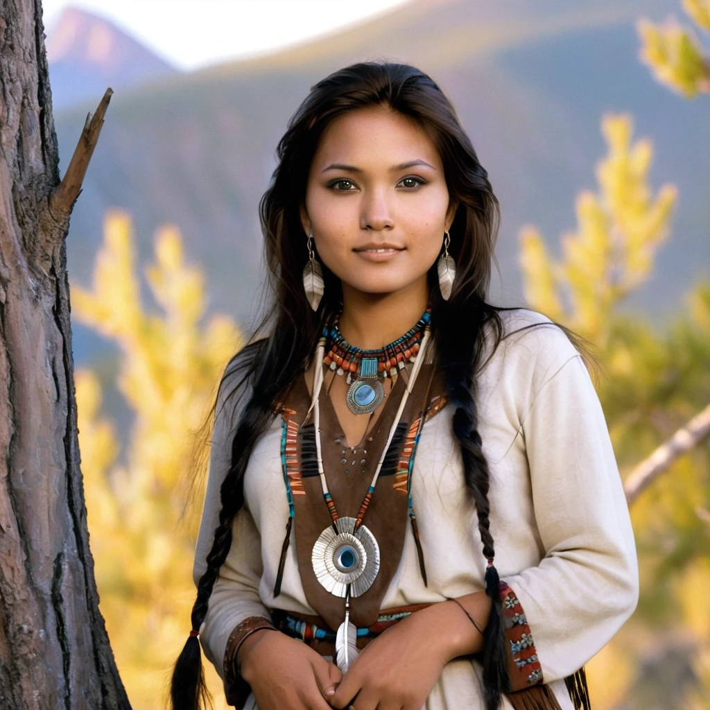 (grainy:0.5), cinematic, beautiful girls 25 year old native american,fantasy,(solo:1.3), detailed eyes, detailed face, detailed native american sexy clothing, volumetric lighting, dusk, extremely detailed background, standing next to tree and mountain, smiling, half closed brown eyes, tilted head, from side, sitting next to her American Badger