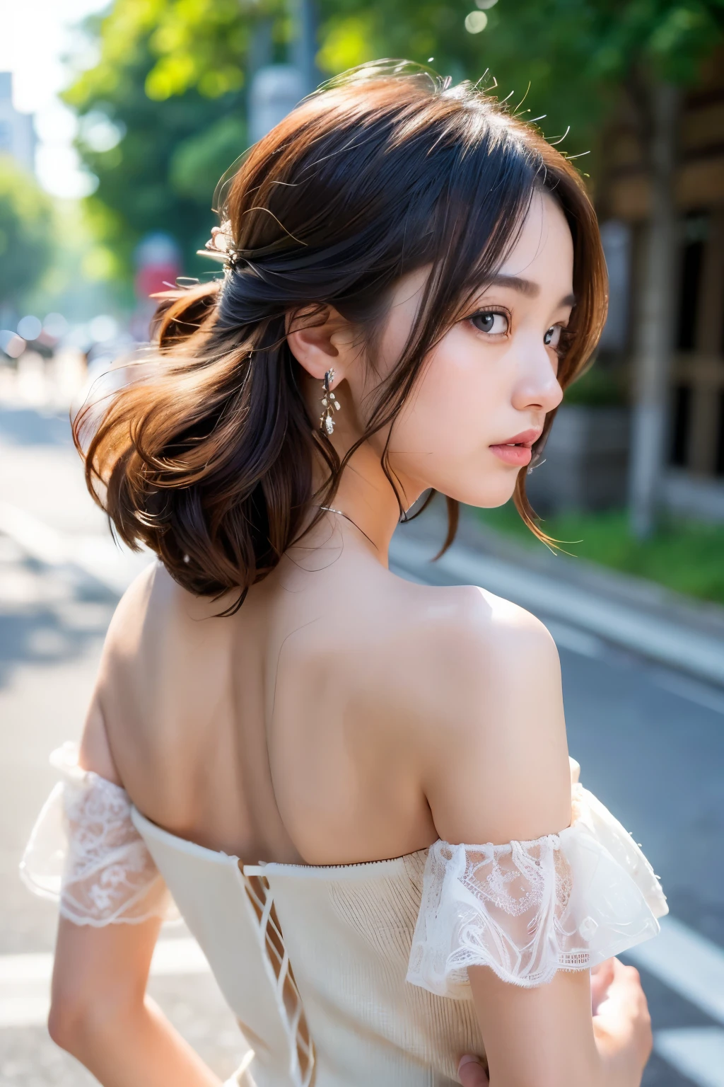 ((Realistic Sunlight, 8k, Top Quality, Masterpiece: 1.3)), Best Quality, Illustration, Ultra-detailed, finely detail, high resolution, 8K Wallpaper, Perfect dynamic composition, Beautiful detailed eyes, (Tight off-the-shoulder knit dress, : 1.3),Big breasts, Natural Color Lip, Random and sexy poses, Street, Walking, 20 years girl, sweaty skin:1.4, (beautiful detailed face and eyes:1.4),beautiful long hair, Highly detailed face and skin texture, Highly detailed lip texture, Beautiful detailed eyes, Raw Photo, ((Very Delicate and Cute Japanese Girl:1.4)), (1 girl)), Perfect Style, cleavage, necklace, earrings, realistic shadows, ((focus on back:1.6)),nsfw,(from behind:1.8), (Gazing-into-the-Distance:1.5)