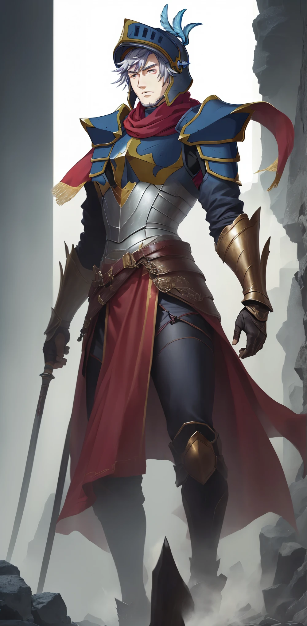 带头盔和Red cape的动漫人物,A general warrior standing,Red cape,majesty,armor,A man