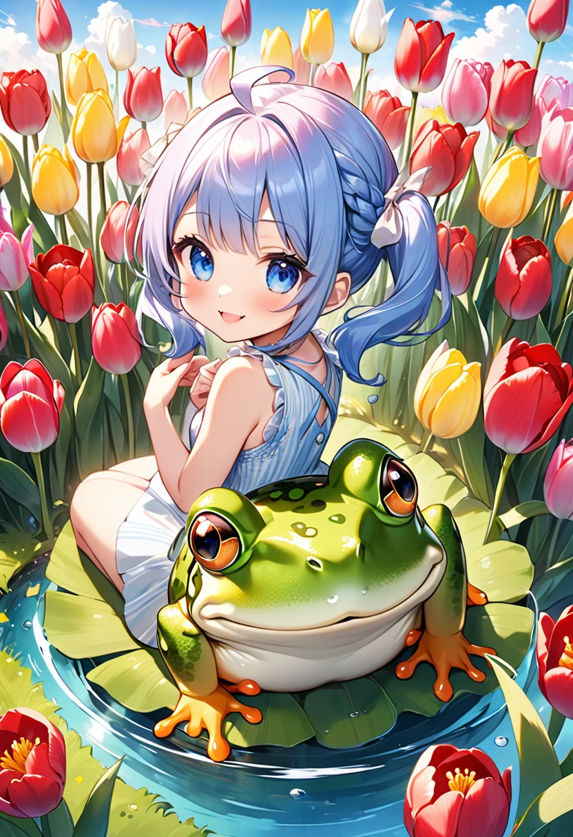 Highest quality、High resolution、Detailed Background、Beautiful face in every detail、Anatomically correct、Detailed facial expressions、fine grain、((full body, from below:1.8, side shot, looking away:1.2)), break ((One Girl:1.2)、(Chibi Girl:1.2))、Cute hair color、Big beautiful blue eyes、Fuller lips、Pink Lips、Braided twin tails、Ahoge、(Sitting in a tulip field holding a frog:1.2、Knees、Holding a frog in both hands:1.2)、(Cute sleeveless spring outfit、mini skirt、Cute sneakers)、break ((Kiss the frog:1.2))、I have nothing in my hands、(Crying face:1.2、Big tears in my eyes:1.2)、、break (The background is the spring sky、Spring Clouds、((Big Frog:1.2)))