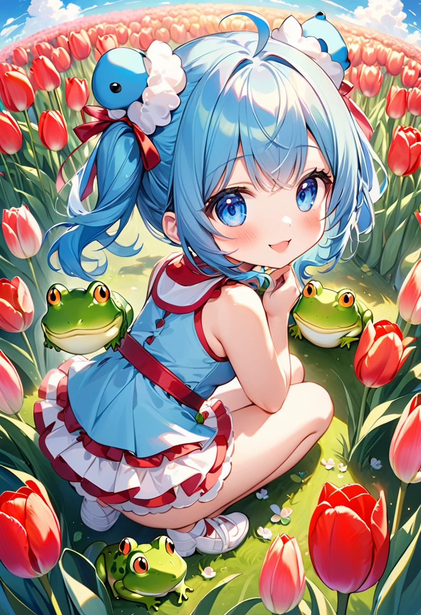Highest quality、High resolution、Detailed Background、Beautiful face in every detail、Anatomically correct、Detailed facial expressions、fine grain、((full body, from above:1.8, back shot, looking away:1.2)), break ((One Girl:1.2)、(Chibi Girl:1.2))、Cute hair color、Big beautiful blue eyes、Fuller lips、Pink Lips、Braided twin tails、Ahoge、(Sitting in a tulip field holding a frog:1.2、Knees、Holding a frog in both hands:1.2)、(Cute sleeveless spring outfit、mini skirt、Cute sneakers)、break ((Kiss the frog:1.2))、I have nothing in my hands、(Happy expression:1.2、Big smile:1.2)、、break (The background is the spring sky、Spring Clouds、((Big Frog:1.2)))