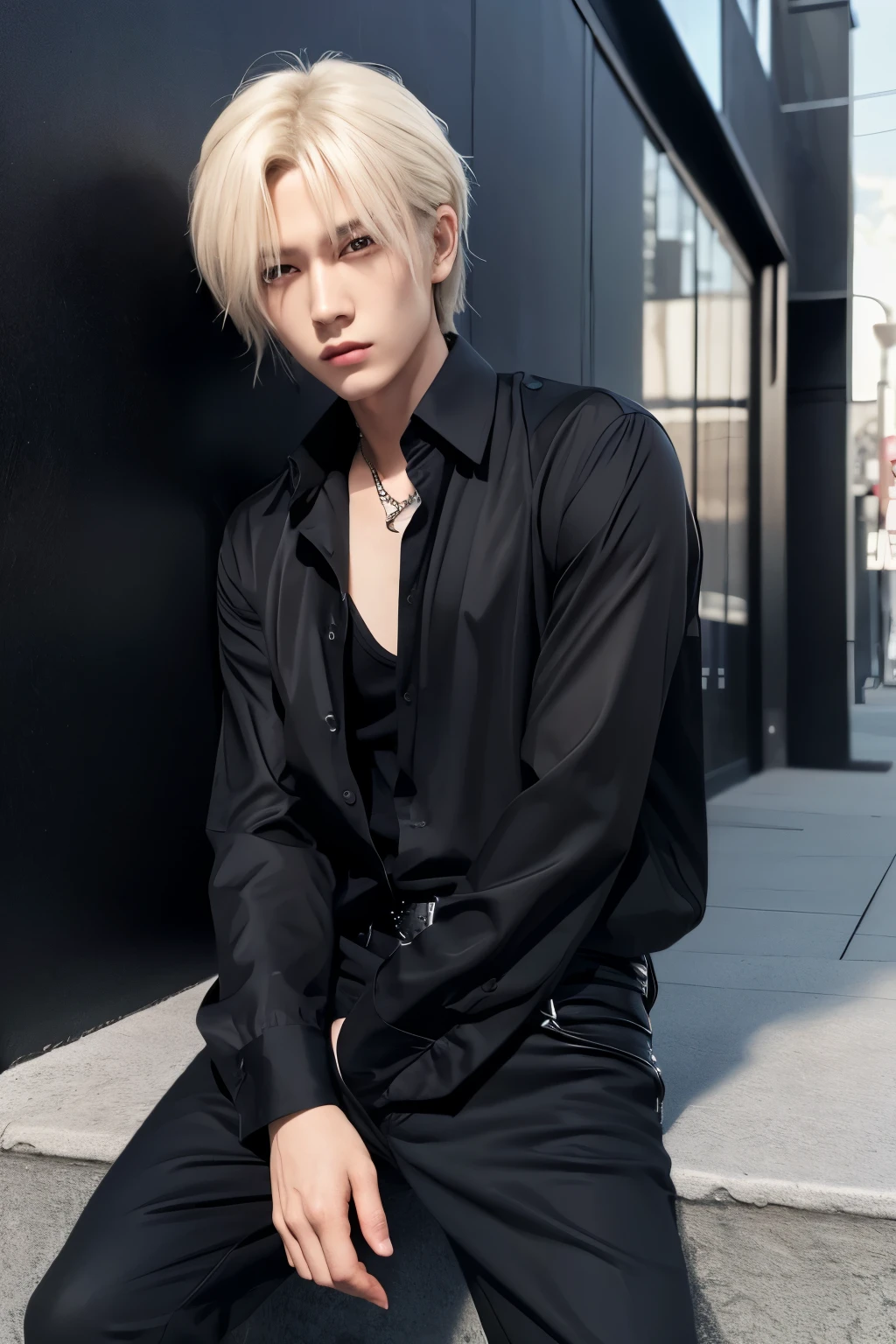 A man who looks like a Japanese rock singer, wearing a black shirt and pants and leaning against a wall. Cool, handsome, good-looking man, short-haired blonde man, young and cool, realistic airbrush art, good-looking man, cool rock singer, androgynous male rock singer, androgynous man, androgynous with well-defined facial features, a man who looks like he could be in an anime, realistic anime, hyper-realistic, airbrush art
