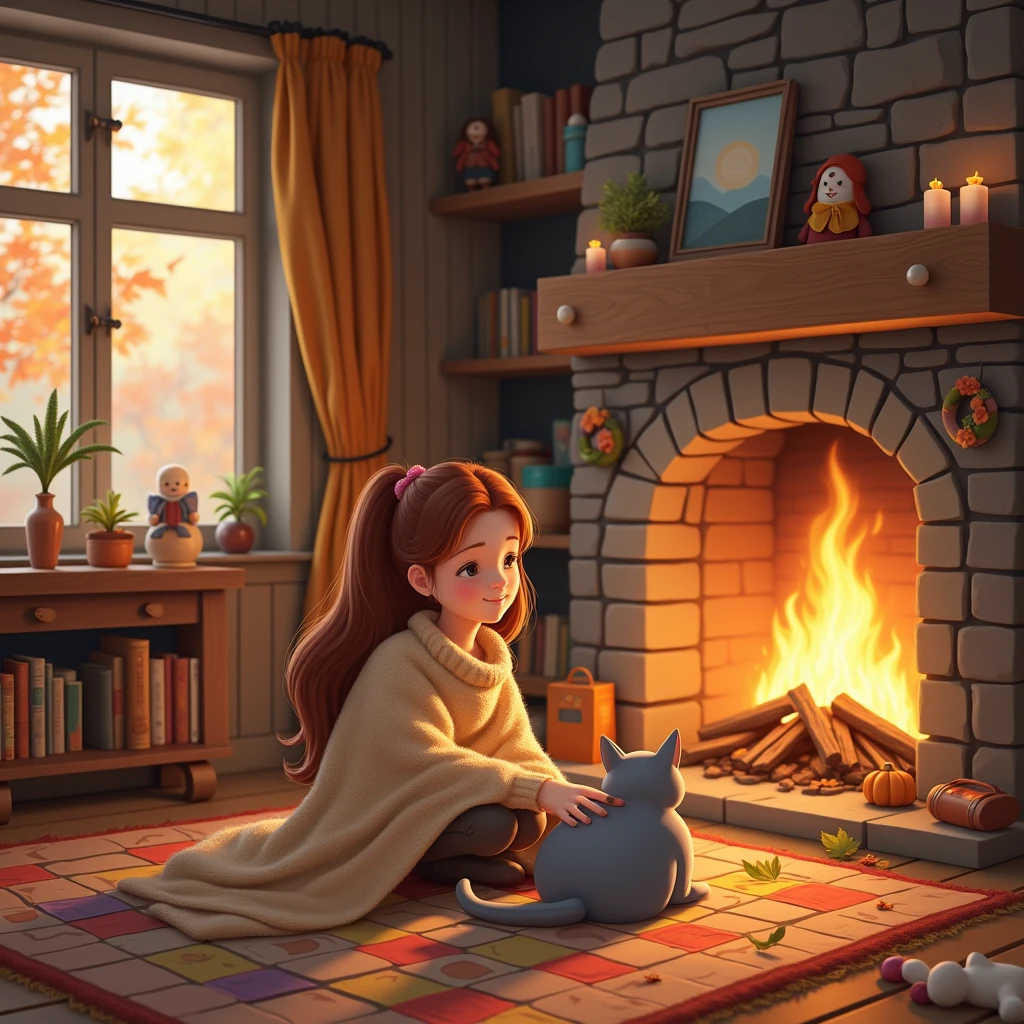 A happy scene with a girl and a kitten,A warm and cozy wooden living room.,Logs are burning in a large stone fireplace.,The orange flame flickers and gives off a warm light.,In front of the fireplace is a colorful patchwork rug.,A girl wrapped in a blanket is sitting on top of it.,She has long chestnut hair and wears a hand-knitted sweater and leggings.,She is holding an old picture book and turning the pages.,BREAK,(A small gray cat was curled up next to her.),I tuck my face into the edge of the blanket. ),BREAK,outside the window,The last autumn leaves are blown by the wind,It heralds the arrival of winter. The ground is covered with colorful fallen leaves,The trees in the distance are also starting to lose their leaves. Reflecting the changing seasons,Handmade autumn wreaths decorate the windows.,Family photos and candles are placed above the fireplace.,Adds warm light to the room. The crackling sound of a bonfire,The cold wind blowing outside creates a calm and soothing atmosphere. There is a small wooden bookshelf in the corner of the room.,It is filled with old picture books and handmade dolls. Cat toys are scattered around the girl's feet.,It represents play time.,The girl's expression is calm,Occasionally, he gently strokes the cat. The cat purrs with satisfaction each time. The entire room is enveloped in warm light and peace.,A quiet and peaceful time passes by.,anatomically correct,cute,happiness