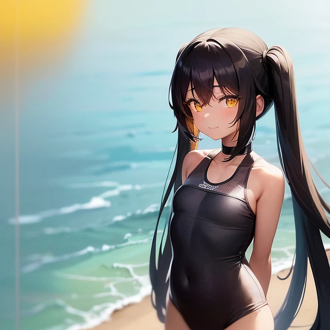 A girl, just posing, with long flowing black hair tied in twin tails with ribbons, flashing a radiant smile, in a yellow-tinted, one-piece swimsuit, revealing a flat chest and toned shoulders, in the warm sun, close-up, zoom layers revealing intricate details and distinctive yellow eyes that contrast with her dark skin.