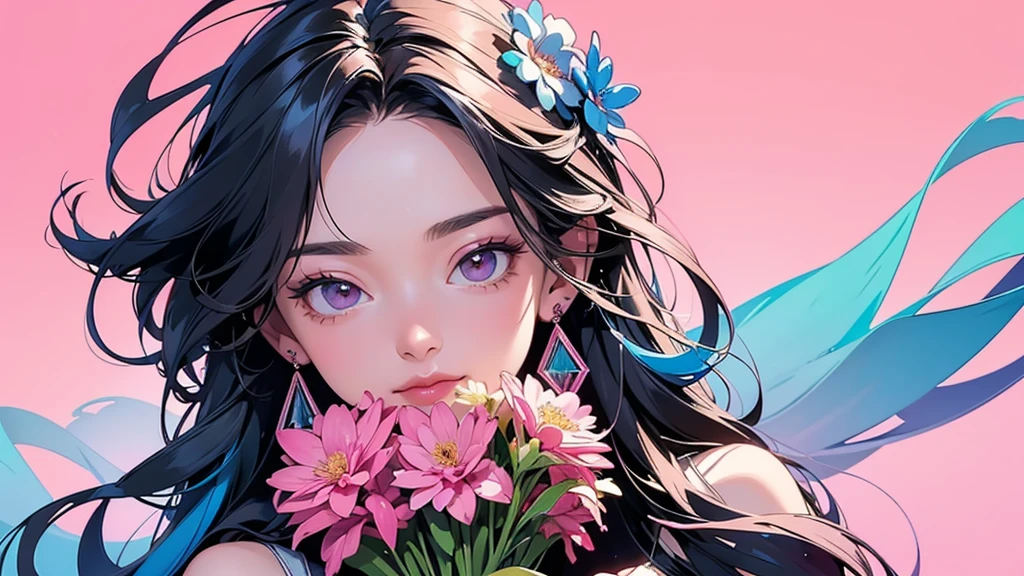 32K, 最高quality, 最高masterpiece, (ultra-Detailed Background, Detailed Background), High resolution, Super detailed, Very detailedな, One girl, (bouquet:1.3), (Tangled:1.2), (Geometric:1.2),(colorful),(masterpiece, quality, best quality, Official Art, Beautiful and beautiful:1.2), (1 girl:1.3), Very detailed,(colorful:1.1)(Flowers:1.3),Most detailed,(Tangled:1.2), whole body, (Abstract background:1.3), (Skin glows), (Many colors:1.4), ,(Earrings Jewelry:1.5), Gradient pink background,