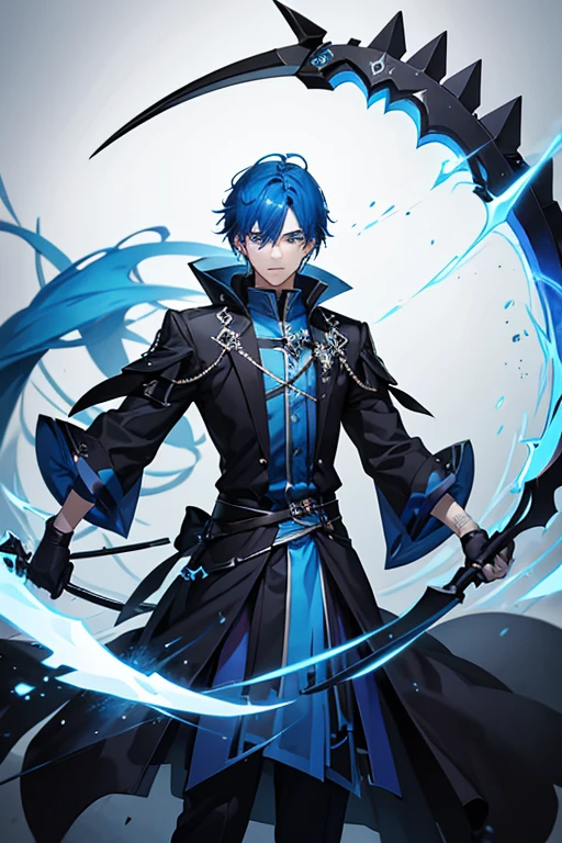 A blue-haired man holding a blue-black scythe。The background is white々It has a nice atmosphere.。There is a black aura（（Your face looks beautiful））8K high resolution