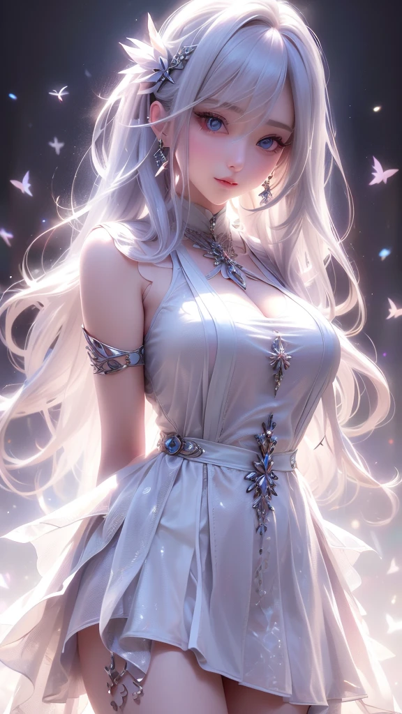 (White Wings,Angel:1.2),(Falling white feathers background:1.1), ((masterpiece)), (detailed:1.4),Practical、 beauty的女人图像,high resolution(High Dynamic Range),Ray Tracing,NVIDIA,Super Resolution,PBR Textures,Post-Processing,Anisotropic filtering,Maximum depth of field resolution and clear layered textures,Albedo and Specular Maps,Surface Shading,Accurately simulate material interactions,Perfect balance,Rendering with Octane,Two-color light,Large diameter,Low ISO,White Balance,Rule 3 points、8K raw data、Backlight、beauty白皙闪亮的肌肤、Gray hair that changes with the light、Long bangs block your view、Blush Highlights、Sexy、beauty、Cute face、世界上最beauty的脸、Extra Long and Gorgeous White Hair、Smooth straight hair、Gray hair flutters in the wind、Large target, Light blue eyes sparkle、beauty的刘海、beauty可爱的女孩 25 岁、Beautiful halterneck dress、((Side Breast:1.4))