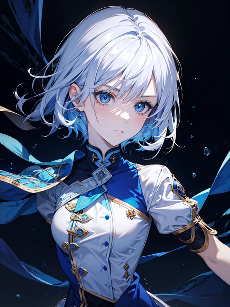 , blue eyes, white short wavy hair, cool girl. intimidation smile