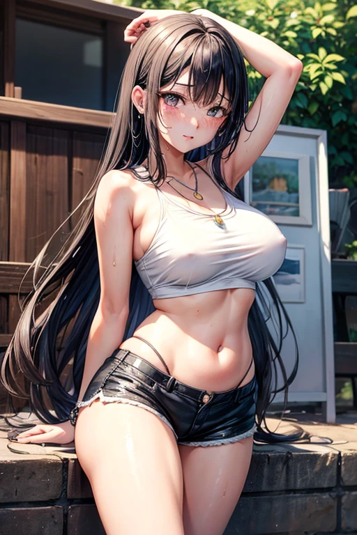 Kaori, Single model, solo, half Asian, half Latino, very long straight black hair, freckles, blushing, wet eyes, long chain pendant, very large heavy breasts, chubby, belly, stretchmarks, fitted tube top, small white lycra shorts