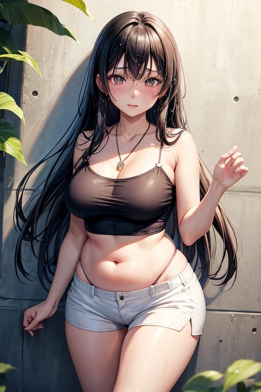 Kaori, Single model, solo, half Asian, half Latino, very long straight black hair, freckles, blushing, wet eyes, long chain pendant, very large heavy breasts, chubby, belly, stretchmarks, fitted tube top, small white lycra shorts