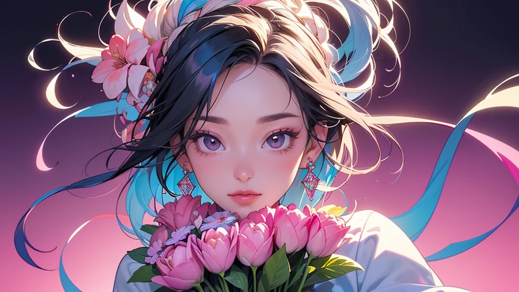 32K, 最高quality, 最高masterpiece, (ultra-Detailed Background, Detailed Background), High resolution, Super detailed, Very detailedな, One girl, (bouquet:1.3), (Tangled:1.2), (Geometric:1.2),(colorful),(masterpiece, quality, best quality, Official Art, Beautiful and beautiful:1.2), (1 girl:1.3), Very detailed,(colorful:1.1)(Flowers:1.3),Most detailed,(Tangled:1.2), whole body, (Abstract background:1.3), (Skin glows), (Many colors:1.4), ,(Earrings Jewelry:1.5), Gradient pink background,