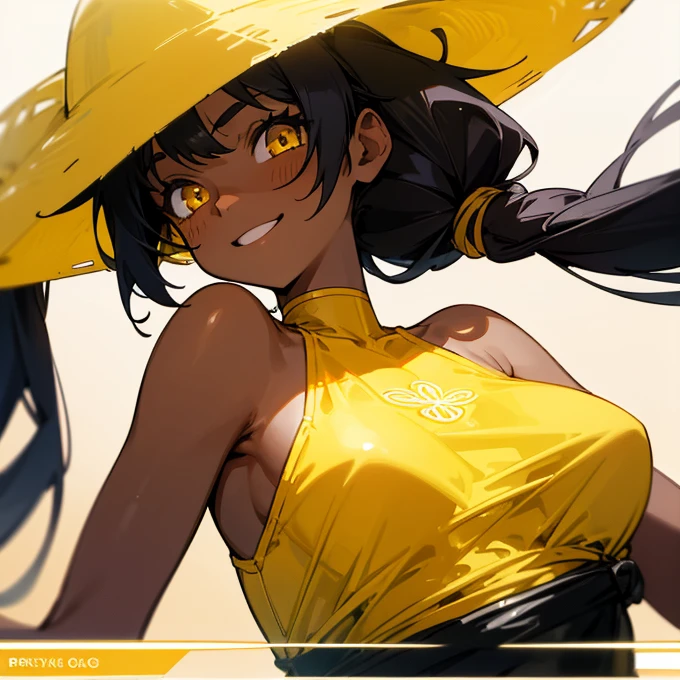A girl, just posing, with long flowing black hair tied in twin tails with ribbons, flashing a radiant smile, in a yellow-tinted, one-piece swimsuit, revealing a flat ????? and toned shoulders, in the warm sun, close-up, zoom layers revealing intricate details and distinctive yellow eyes that contrast with her dark skin.