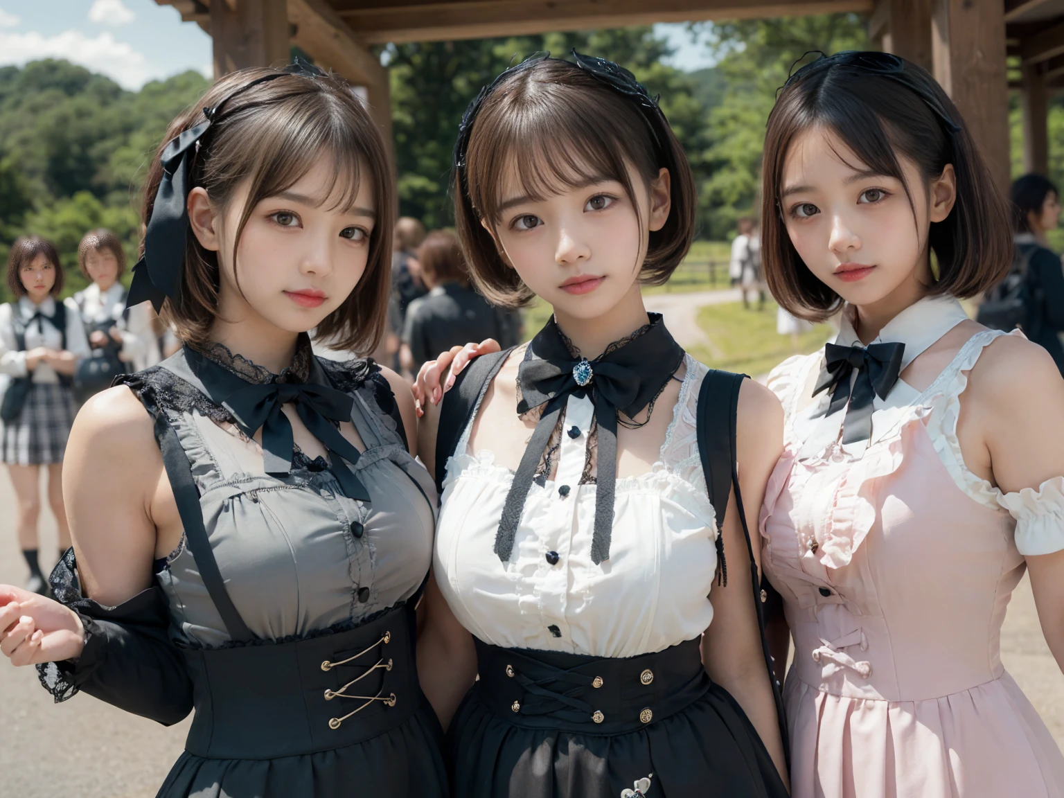 masterpiece, Highest quality, figure, Very detailed, The finer details, High resolution, 8k,wallpaper, Perfect dynamic composition,(Detailed high quality, Realistic depiction of eyes:1.3), (Three Girls),(Gothic Lolita fashion with tight buttons on the collar and chest), Seraphim, Short Bob Hair, The background is an empty changing room, Deep in the field, Black hair color, Big Natural Color Lip, (Perfect figure), (smile)、Harajuku Style、Elementary school girl in Japan:1.3), Adorable expression、Expressions of happiness、10 years old、height: 145cm、Baby Face、Amazingly cute、Cute type、Beautiful feet, Idol Sculpture、Big Breasts、whole body、(Lift up your skirt and show off your panties)