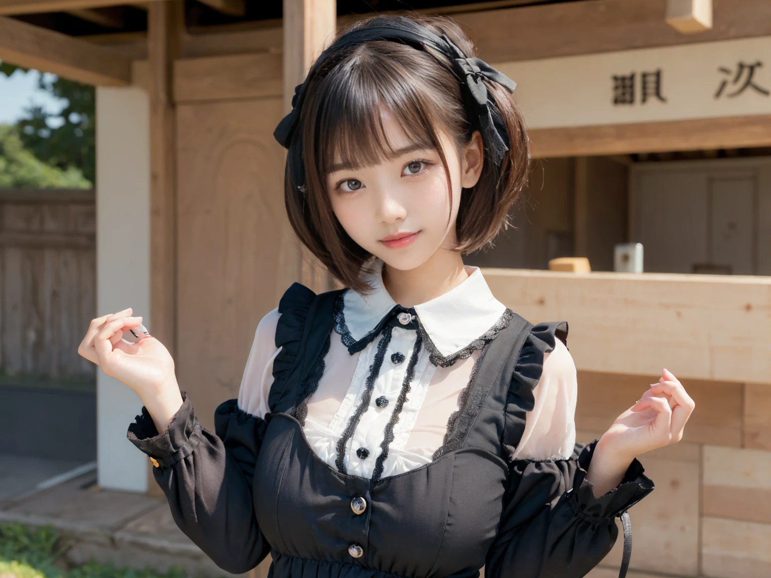 masterpiece, Highest quality, figure, Very detailed, The finer details, High resolution, 8k,wallpaper, Perfect dynamic composition,(Detailed high quality, Realistic depiction of eyes:1.3), (Three Girls),(Gothic Lolita fashion with tight buttons on the collar and chest), Seraphim, Short Bob Hair, The background is an empty changing room, Deep in the field, Black hair color, Big Natural Color Lip, (Perfect figure), (smile)、Harajuku Style、Elementary school girl in Japan:1.3), Adorable expression、Expressions of happiness、10 years old、height: 145cm、Baby Face、Amazingly cute、Cute type、Beautiful feet, Idol Sculpture、Big Breasts、whole body