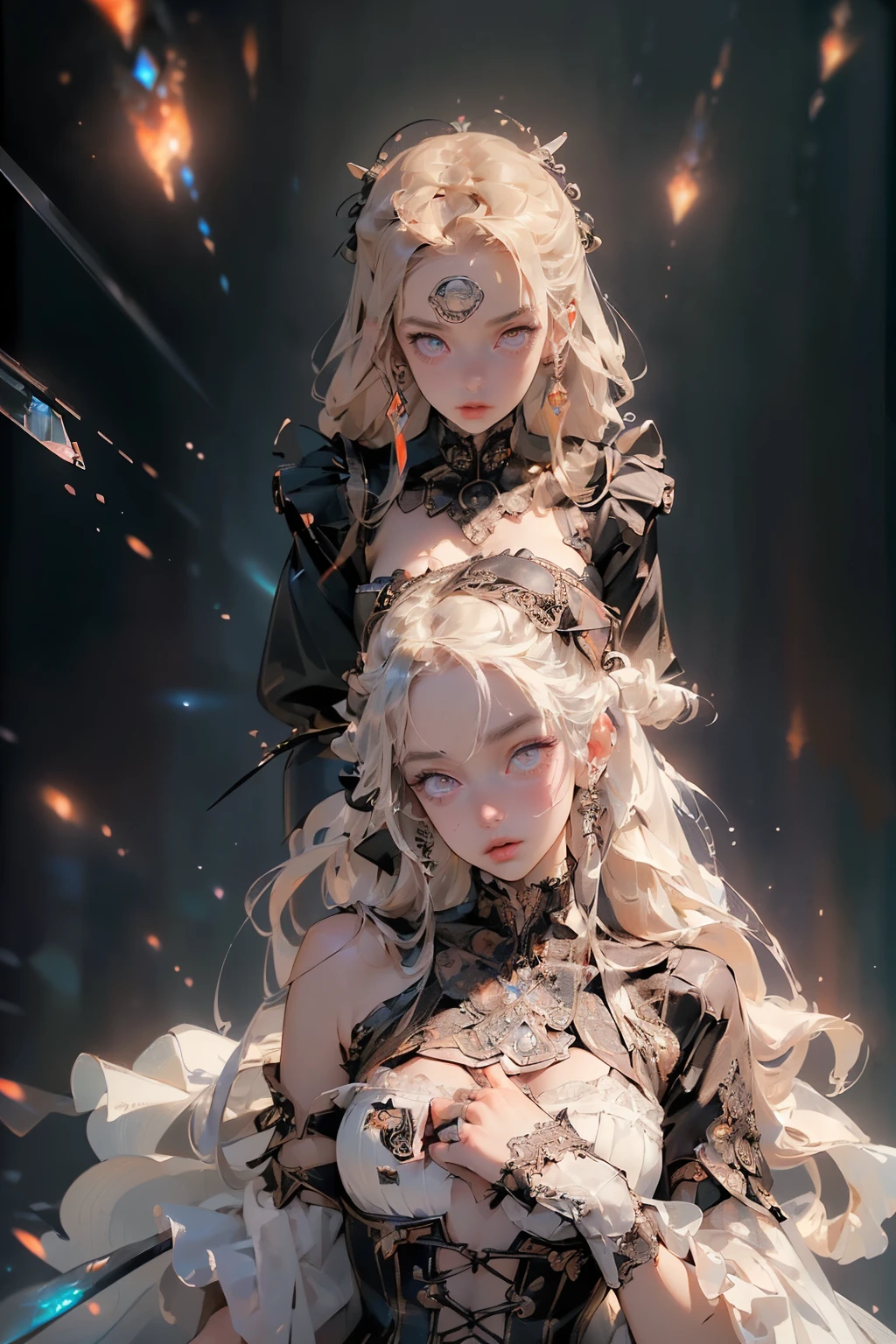 (((masterpiece, of the highest quality, super detailed))), (a female knight of an occult order), ((((wielding a sword with a digital glitch-like effect to the blade as though it is rapidly flickering in and out of reality with a very slight warping effect around it similar to gravitational lensing)))), Edwardian/Victorian era inspired, ((minimal but intricate beautiful armour)),  Fluttering lace flared dress with frilly petticoats, ((((Highly detailed face))), (((Very sharp focused eyes))), very long eyelashes, small breasts, (((flat chest:1.1))), occult aesthetic, (red and white clothing detailed and intricate steampunk and detailed gothic), (with a hood), complex lace boots