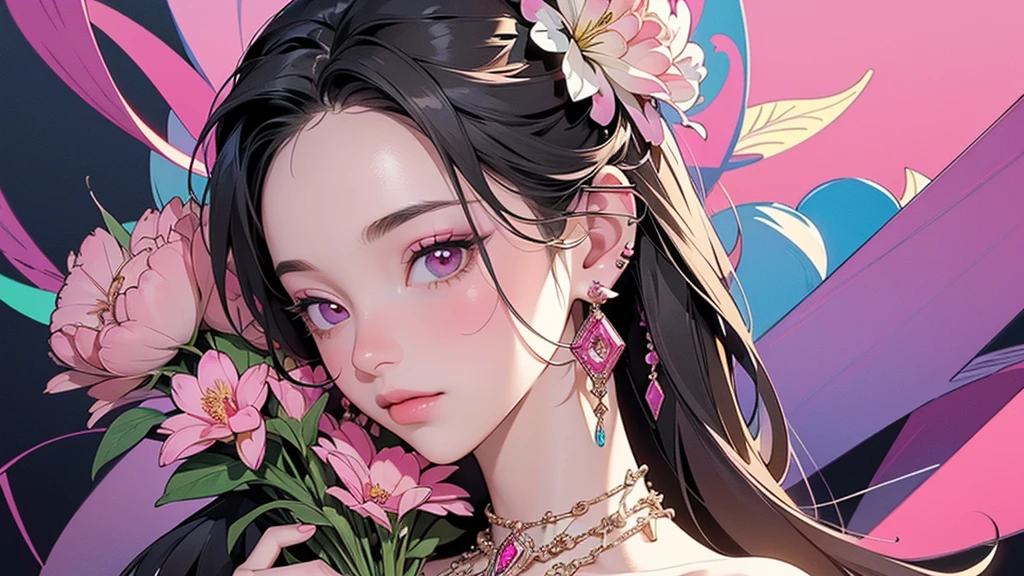 32K, 最高quality, 最高masterpiece, (ultra-Detailed Background, Detailed Background), High resolution, Super detailed, Very detailedな, One girl, (bouquet:1.3), (Tangled:1.2), (Geometric:1.2),(colorful),(masterpiece, quality, best quality, Official Art, Beautiful and beautiful:1.2), (1 girl:1.3), Very detailed,(colorful:1.1)(Flowers:1.3),Most detailed,(Tangled:1.2), whole body, (Abstract background:1.3), (Skin glows), (Many colors:1.4), ,(Earrings Jewelry:1.5), Gradient pink background,