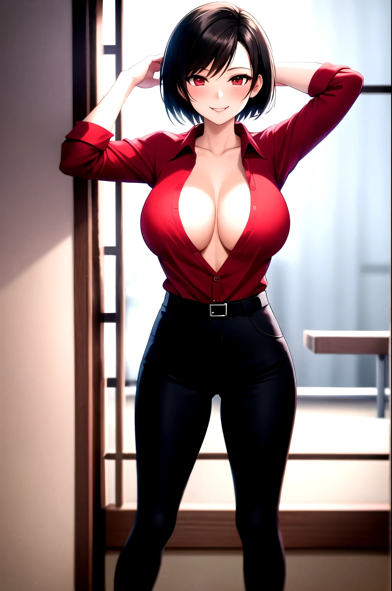 Ada wong,Red Shirt,Cleavage,Black trousers,smile,Sexy,Shirt with upturned collar, Shirt with open collar, high collar shirt,blush,One Woman,Put your hands behind your head,whole body,front,By the window of the rising sun,Shirt with a standing collar,Semi-short,Spread your legs,