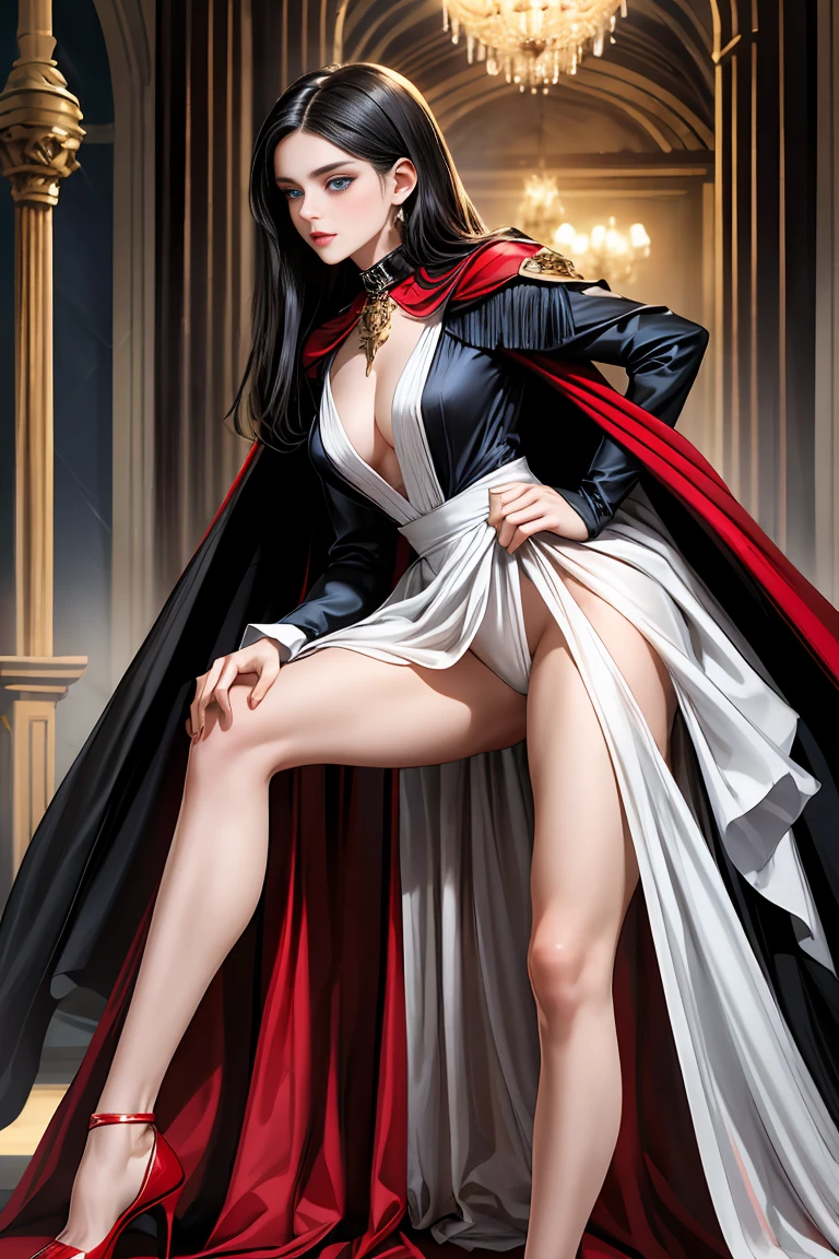 masterpiece, 最high quality, high quality, 1 girl, alone, Female focus, Watching the audience, Messy black hair, Adorable big blue eyes, White, Noble, Noble,A black and red cape that is bursting with sexy volume、Tuxedo、A very voluminous, large, very large, very large, long, long red and black cape with a high stand-up collar, made of a lot of fabric that reaches down to the floor., ,Cute beautiful girls,Cute, cute, kind, gorgeous girl