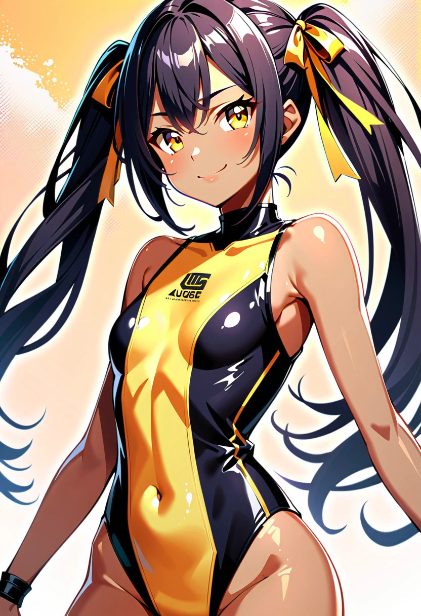 A girl, just posing, with long flowing black hair tied in twin tails with ribbons, flashing a radiant smile, in a yellow-tinted, one-piece swimsuit, revealing a flat chest and toned shoulders, in the warm sun, close-up, zoom layers revealing intricate details and distinctive yellow eyes that contrast with her dark skin.