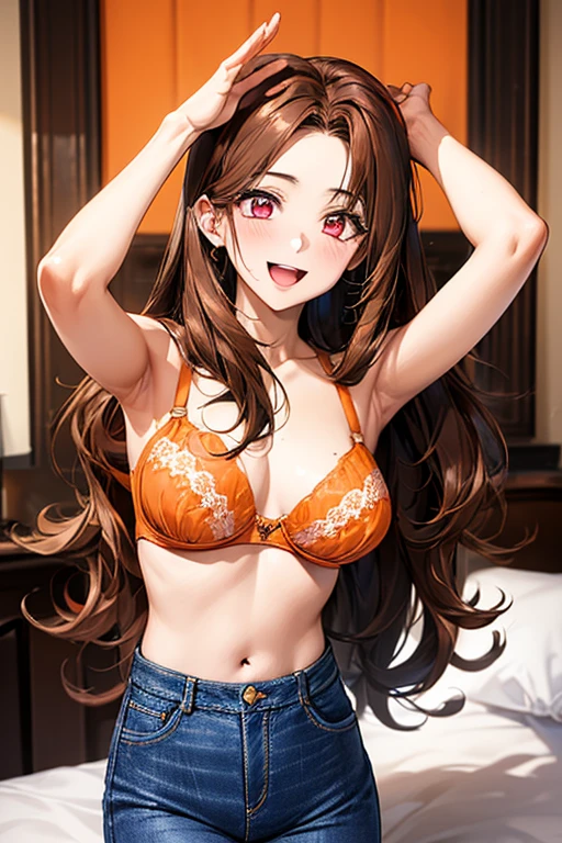 Very detailed、highest quality、Best image quality、masterpiece、8k、Anime Face、A kind smile、Open Mouth、((brown long hair:1.5))、big breast, sexy、 beautiful body 、Cowboy Shot, Sexual Intercourse, ((pink eyes)), hotel bedroom, ((( Jeans))), (((orange bra)))