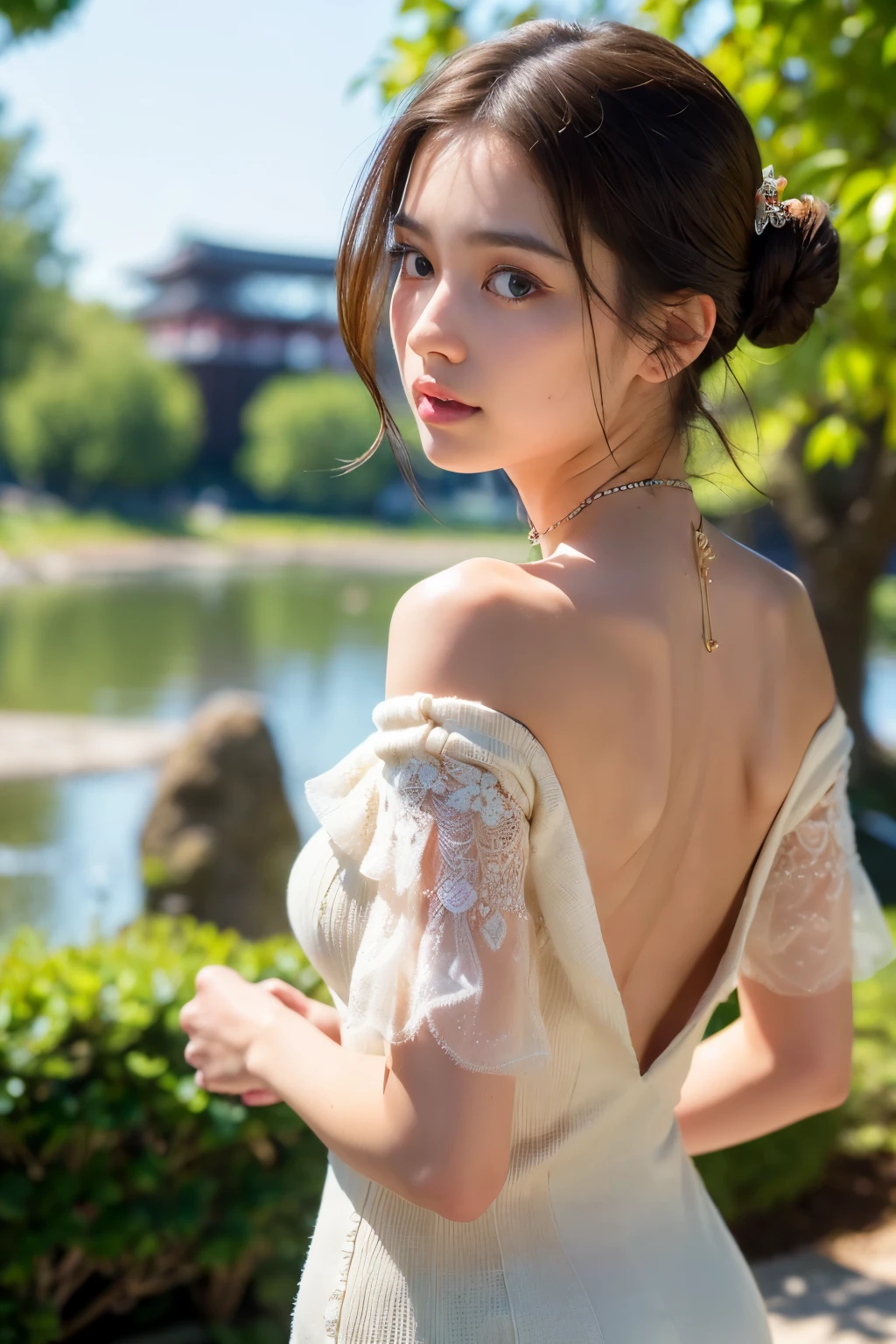 ((Realistic Sunlight, 8k, Top Quality, Masterpiece: 1.3)), Best Quality, Illustration, Ultra-detailed, finely detail, high resolution, 8K Wallpaper, Perfect dynamic composition, Beautiful detailed eyes, (Tight off-the-shoulder knit dress:1.3),((Big breasts)), Natural Color Lip, Random and sexy poses, city, Walking, 20 years girl, sweaty skin:1.4, (beautiful detailed face and eyes:1.4),beautiful long hair, Highly detailed face and skin texture, Highly detailed lip texture, Beautiful detailed eyes, Raw Photo, ((Very Delicate and Cute Japanese Girl:1.4)), (1 girl)), Perfect Style, cleavage, necklace, earrings, realistic shadows, ((focus on back:1.6)),nsfw,(from behind:1.8), (Gazing-into-the-Distance:1.5)