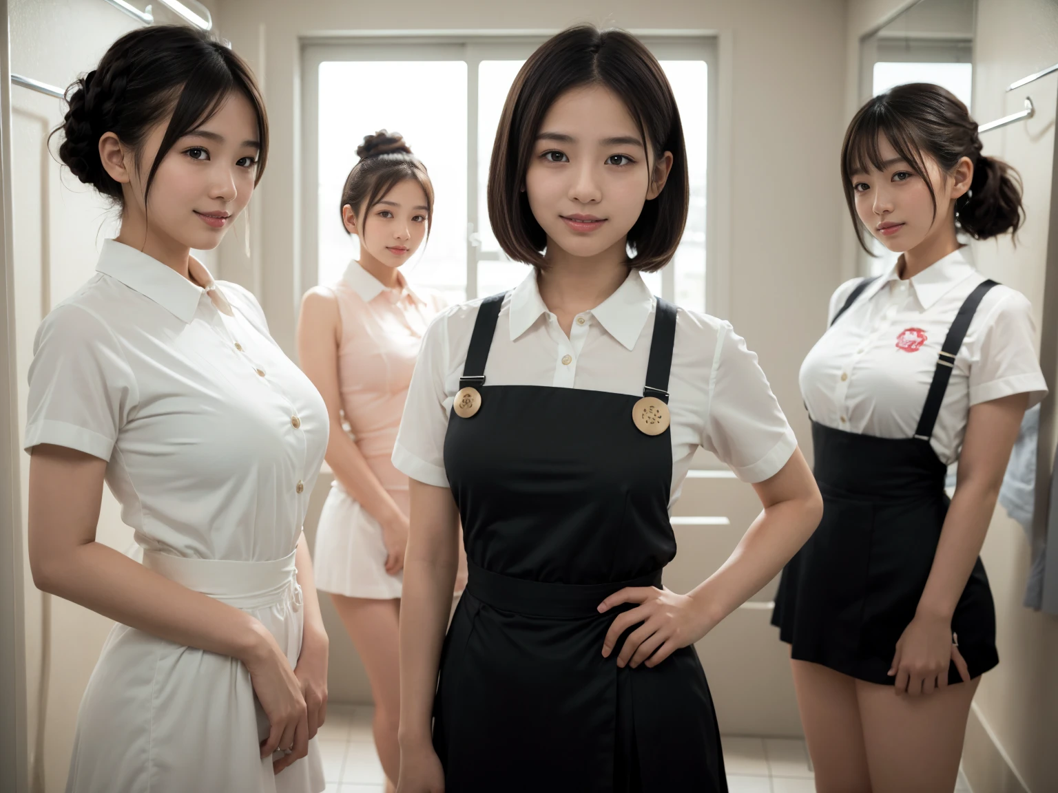 masterpiece, Highest quality, figure, Very detailed, The finer details, High resolution, 8k,wallpaper, Perfect dynamic composition,(Detailed high quality, Realistic depiction of eyes:1.3), (Three Girls),(A tight-fitting waitress uniform with buttons on the collar and chest), Seraphim, Short Bob Hair, The background is an empty changing room, Deep in the field, Black hair color, Big Natural Color Lip, (Perfect figure), (smile)、Harajuku Style、 in Japan:1.3), Adorable expression、Expressions of happiness、10 years old、height: 1ce、Amazingly cute、Cute typel feet, Idol Sculpture、(Changing clothes in the changing room:1.5)、(In the process of taking off clothes:1.2)