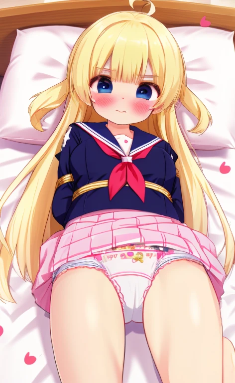 bound arms　Beautiful long blonde　A girl in a sailor suit　Pleated skirt　mini skirt　Long sleeve　Shyness 　Tears overflow from my eyes　　On the bed　diaper　