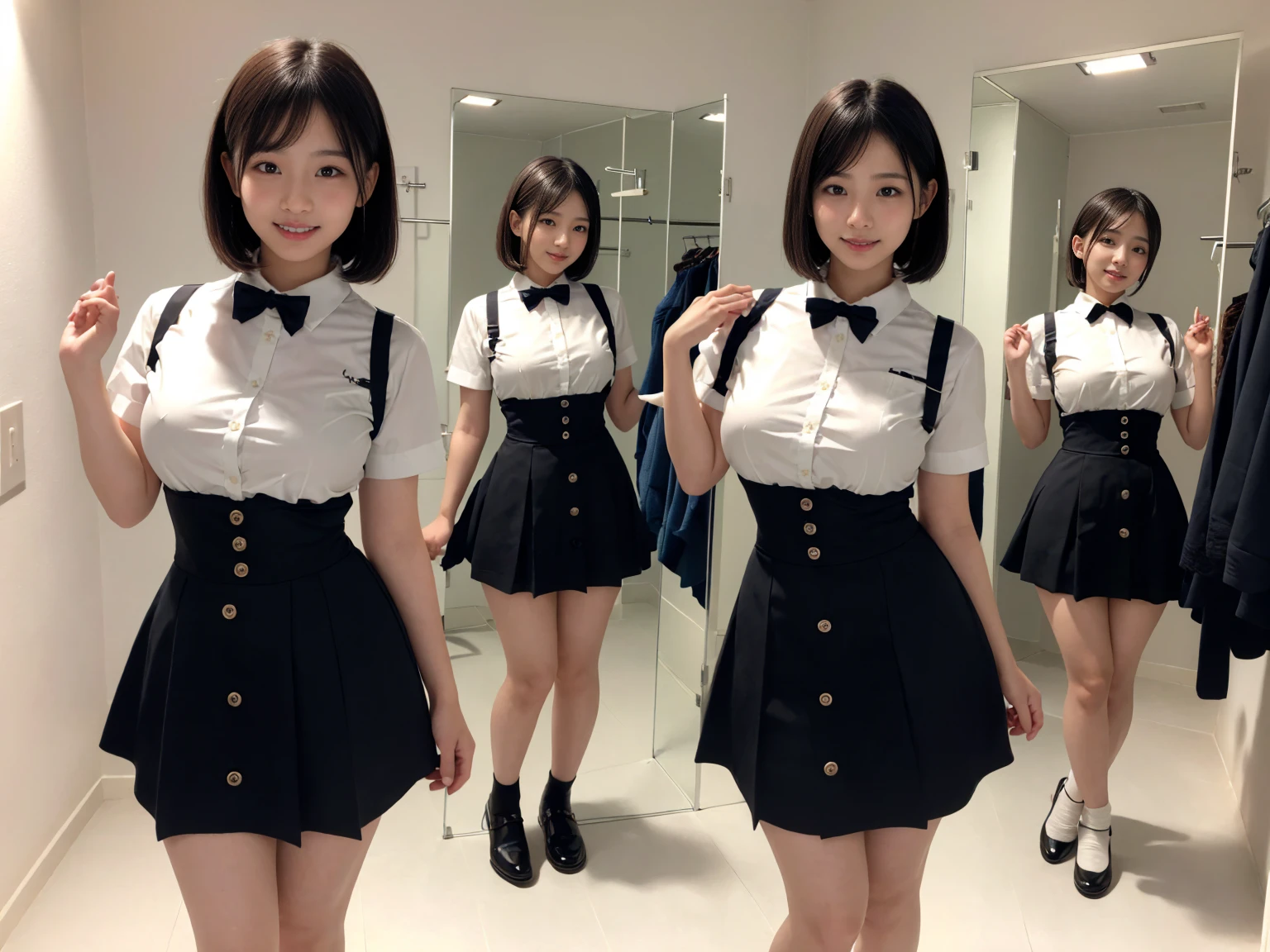 masterpiece, Highest quality, figure, Very detailed, The finer details, High resolution, 8k,wallpaper, Perfect dynamic composition,(Detailed high quality, Realistic depiction of eyes:1.3), (Three Girls),(A tight-fitting waitress uniform with buttons on the collar and chest), Seraphim, Short Bob Hair, The background is an empty changing room, Deep in the field, Black hair color, Big Natural Color Lip, (Perfect figure), (smile)、Harajuku Style、Elementary school girl in Japan:1.3), Adorable expression、Expressions of happiness、10 years old、height: 145cm、Baby Face、Amazingly cute、Cute type、Beautiful feet, Idol Sculpture、(Changing clothes in the changing room:1.5)