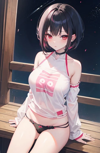 Anime, girl, age, hime-cut, short hair, black hair, red eyes, cool, earrings, night, highlights pink under hair, big boob, sleep time, panties,