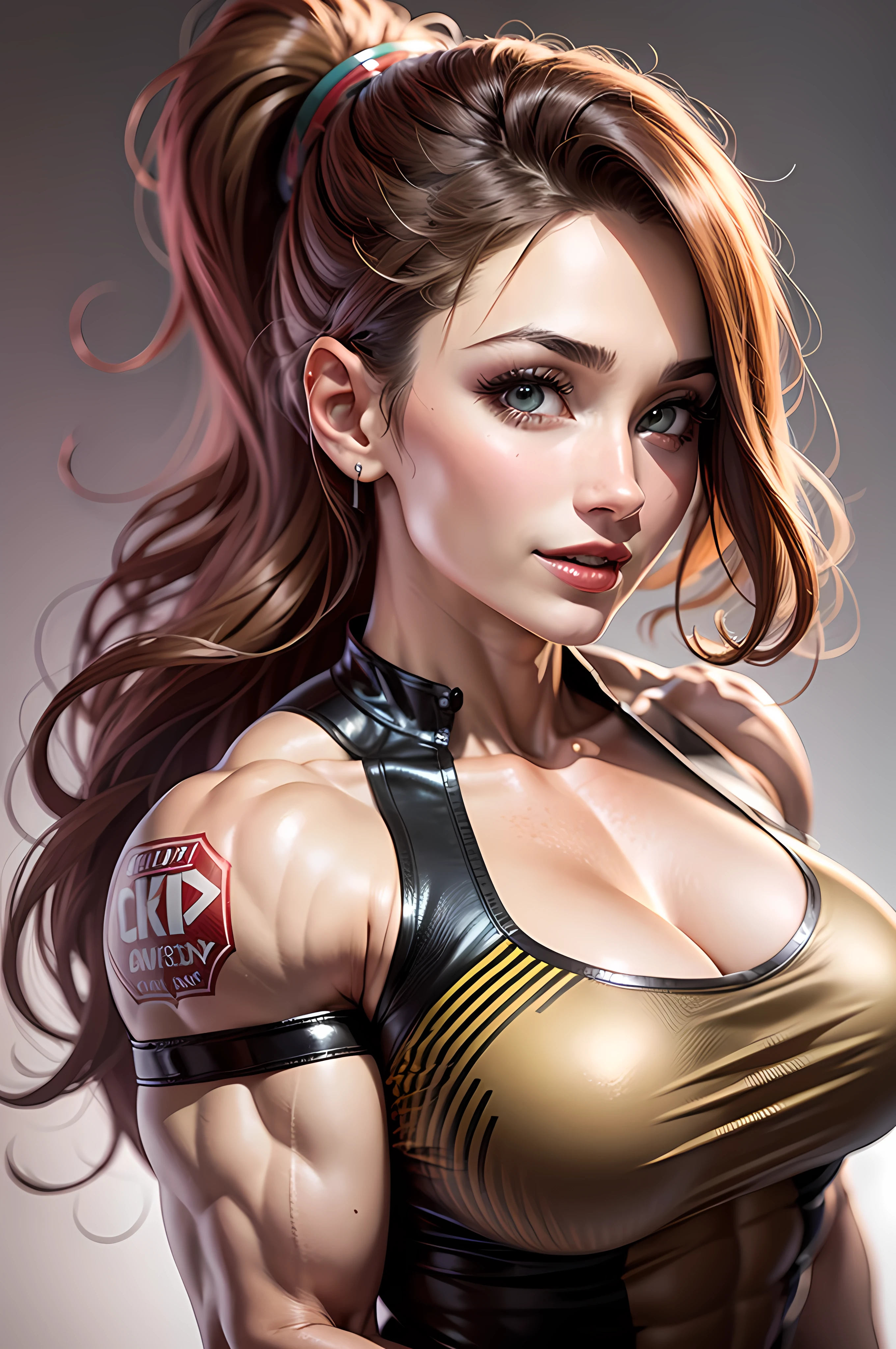 Lucy Pinder, portrait, face portrait, smiling, (massive female bodybuilder:1.5), (huge breasts:1.6), red lips, cleavage, straight hair, ponytail, light brown hair, black jumpsuit, shorts on jumpsuit