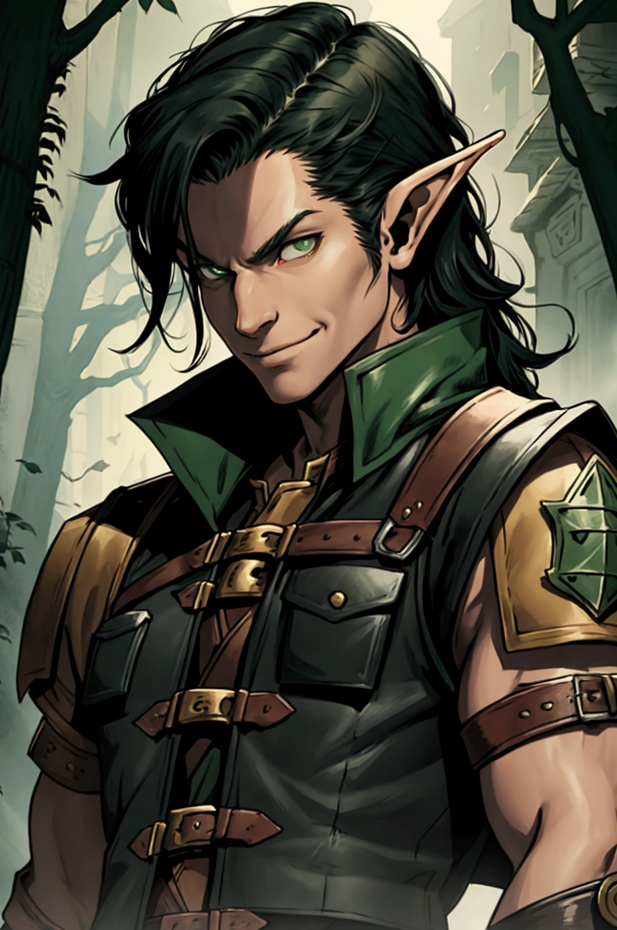 d&d, half-elf, black hair, green eyes, rogue, male, leather vest, grim smile, thieves hideout background