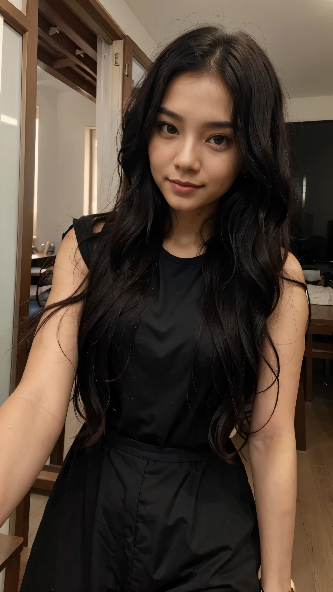 Cute woman, asia, selfie, black wavy hair