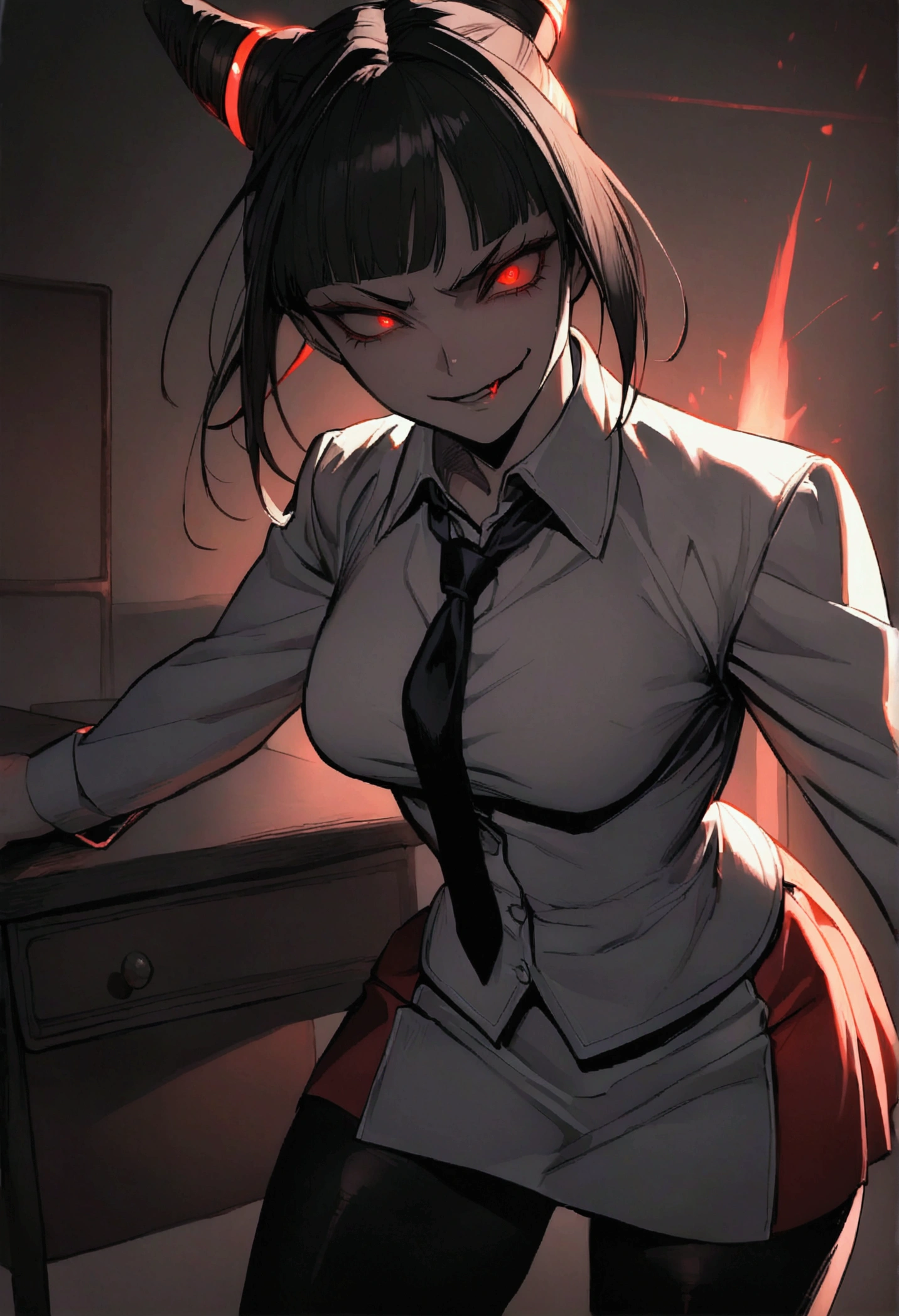Juri Han, Artwork, fitted white secretary shirt with black tie, mini skirt short, skirt short,black tights, Bblack hair, blackstockings,Evil smile,desk,bangs on the eyes,Lighting,horn of hair,red eyes glowing,neckleace,labiaa