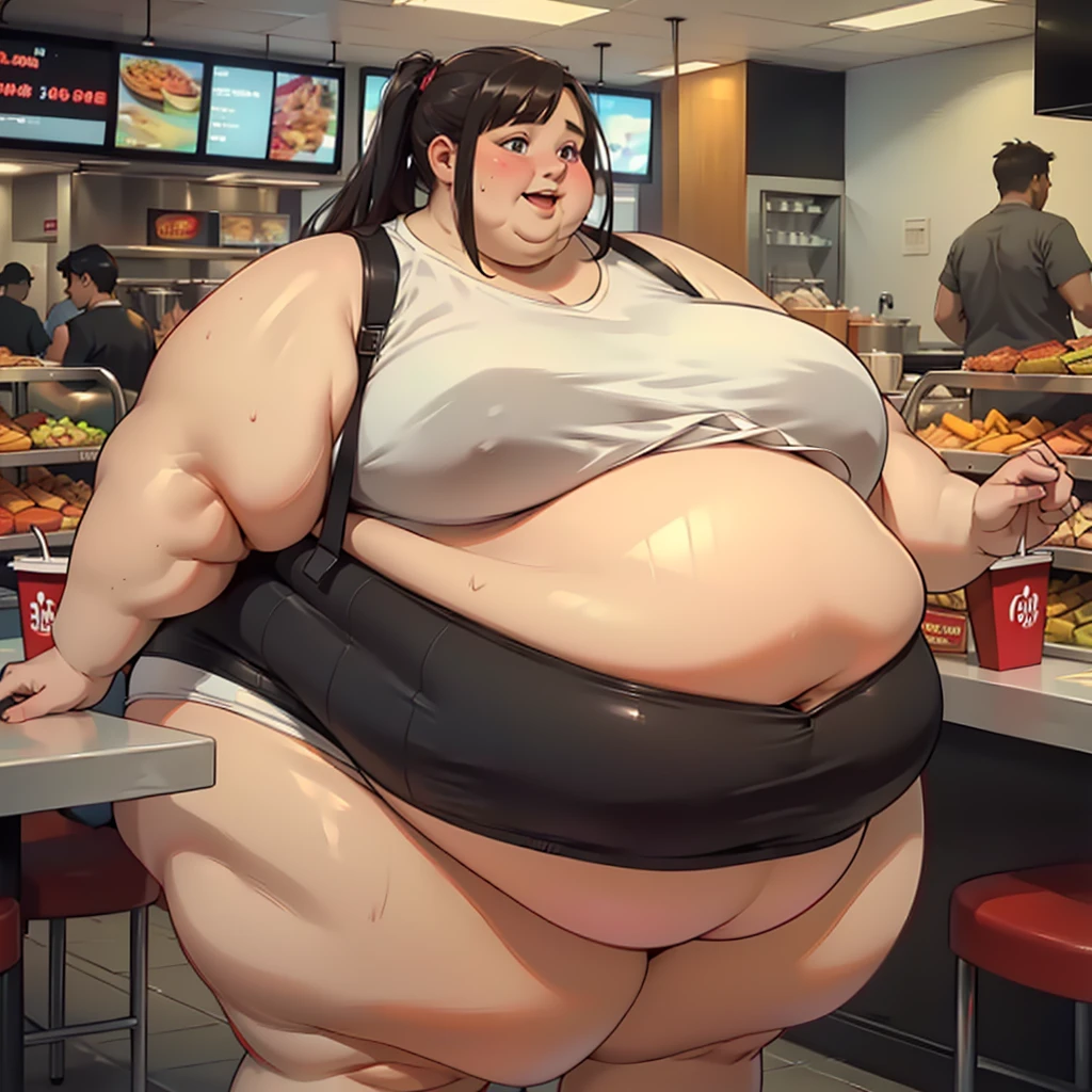 (masterpiece, realistic, detailed:1.2), young woman, (USSBBW, morbidly obese, fatblob:1.4), detailed, beautiful face, high aesthetic, manic expression, skimpy clothes, fast food restaraunt, shocked customers