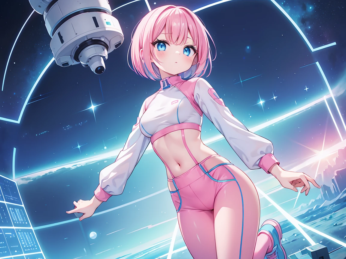 An Android woman, Small breasts, Cute Face, Blue-pink hair and pink-blue eyes, Bob Cut Hair, whole body, Narrow waist, Pink and light blue pants, Wearing a pink and light blue shirt, Blue shoes, Perfect Thighs, software, On the space station, software, Space-themed, Android.
