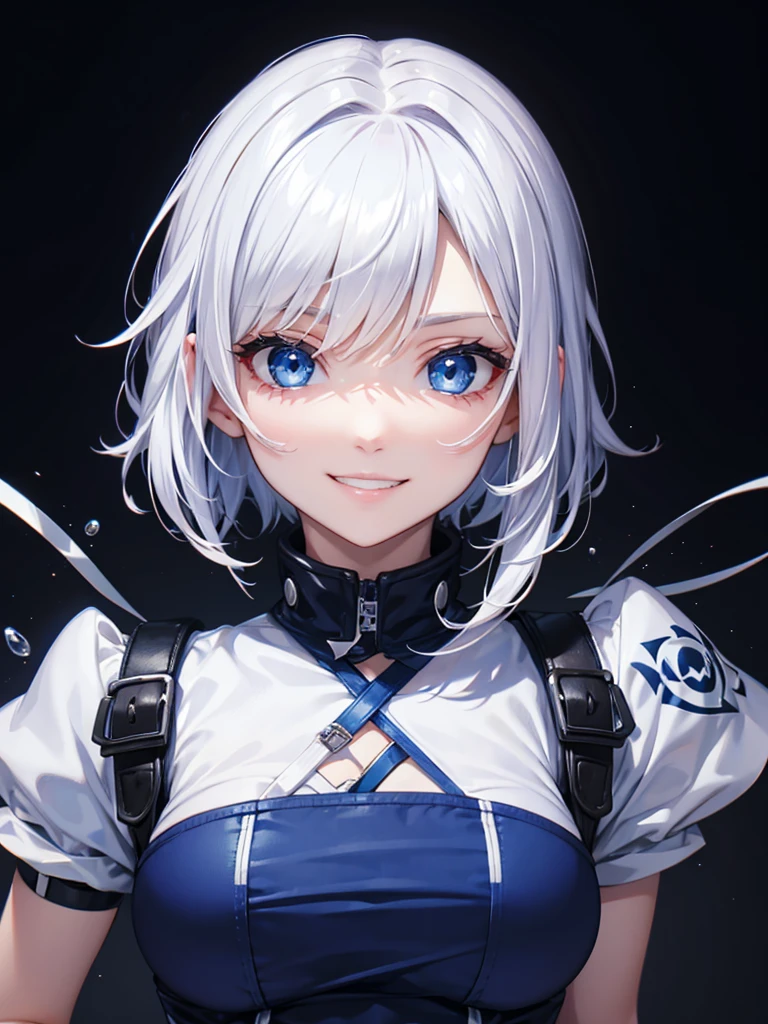 最high quality、Best image quality、masterpiece、With a girl((cute、20-year-old、Best Bust、Medium Bust、Bust 85,Beautiful Blue Eyes、Spread your chest wide,Short silver hair、Slender、The best valley、、Blue Bikini、,Show the whole body、Black perforated gloves,Blue Mesh,Leaning forward greatly、Blue Sports Sunglasses、Blue Intercom,Sweating profusely、Face Paint、Grin、Spray canを持つ)）high quality、Beautiful art、background((White wall、graffiti、paint、Spray can)),Tabletop、Exquisite design、Visual Arts、Depth of written boundary、Best lighting、Highest detail、8ｋ