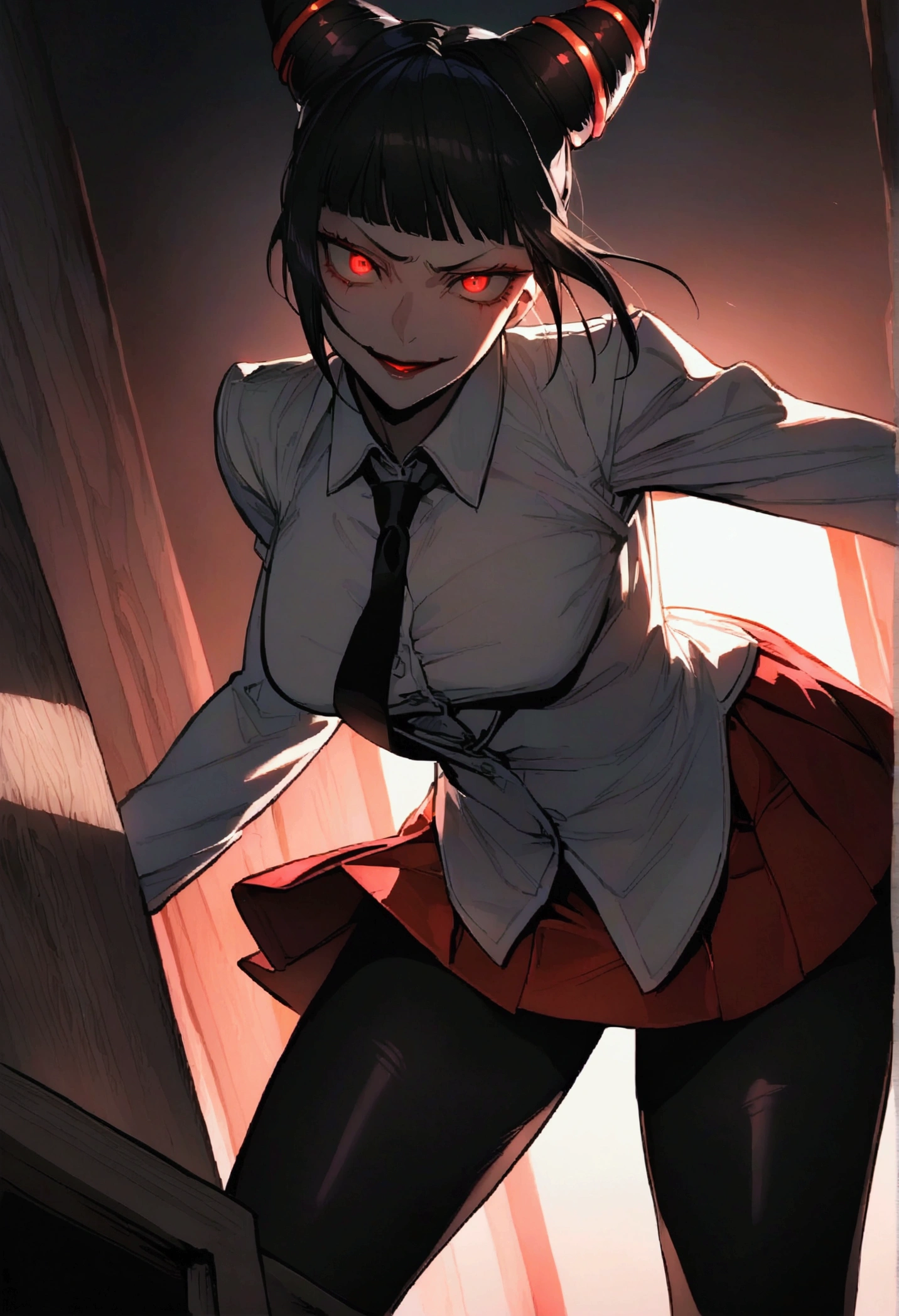 dark art, thick outlines, comics, photorealistic, perfect hands, masterpiece:1.2, ruined city at night, crazy, smiling, 1 girl, knife in hands, blood, cardigan, serafuku, black skirt, neckerchief, big breasts, detailed background, detailed face, detailed eyes, 