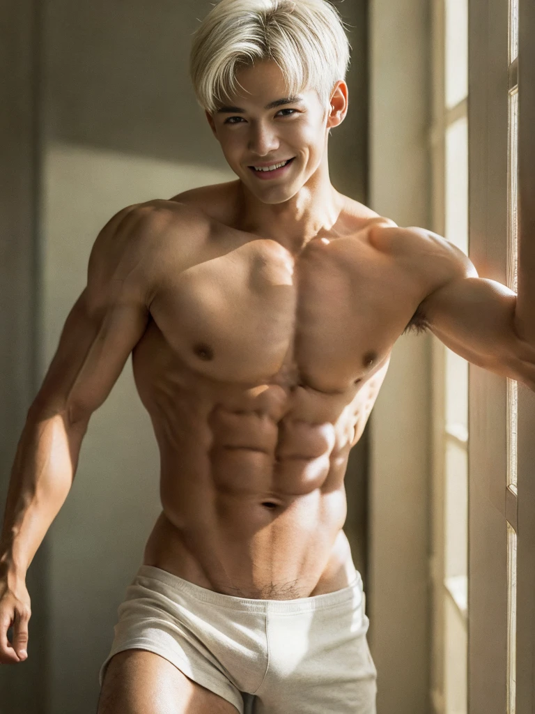 ((masterpiece)), ((best quality)), ((high resolution)), ((Detailed background)), ((Extremely detailed CG unified 8k wallpaper)), alone, Young men,white hair,short hair,Smile,thin waist，6-pack abs，sexly pectoral muscles,sexly, Thin stature,detailed body, full body shot