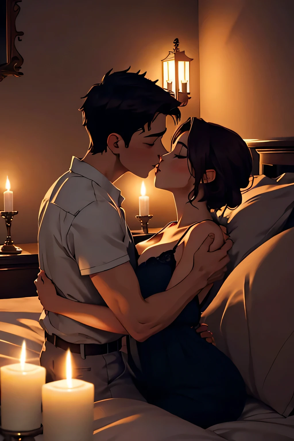 Boy and woman, beautiful woman, kissing each other with passion, in a bedroom, bright room, candles lit, night time,