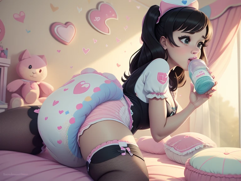 A confident mommydom wearing a big bulbous puffy diaper, heart emojis, bedroom, fishnet stockings, pretty eyes, seductive, flirty, colorful, puffy dress,  room, diapers, confetti, cake,Black Silk,Trojans,Maid costume,The girl is drinking from the bottle and holding a baby toy,She is wearing a nurse's uniform,She stuck out her tongue and looked like she was enjoying it