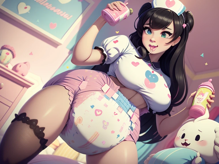 A confident mommydom wearing a big bulbous puffy diaper, heart emojis, bedroom, fishnet stockings, pretty eyes, seductive, flirty, colorful, puffy dress,  room, diapers, confetti, cake,Black Silk,Trojans,Maid costume,The girl is drinking from the bottle and holding a baby toy,She is wearing a nurse's uniform,She stuck out her tongue and looked like she was enjoying it