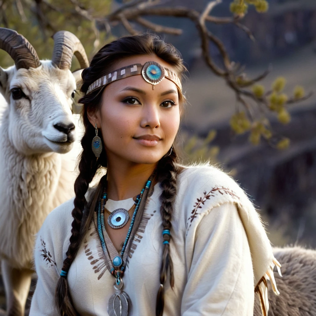 (grainy:0.5), cinematic, beautiful girls 25 year old native american,fantasy,(solo:1.3), detailed eyes, detailed face, detailed native american sexy clothing, volumetric lighting, dusk, extremely detailed background, standing next to tree and mountain, smiling, half closed brown eyes, tilted head, from side, sitting next to her Bighorn Sheep