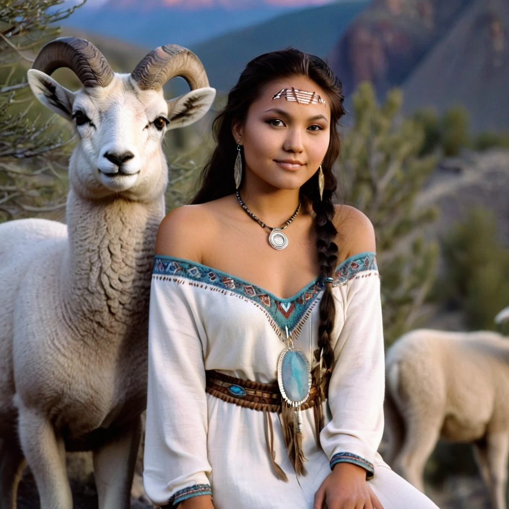 (grainy:0.5), cinematic, beautiful girls 25 year old native american,fantasy,(solo:1.3), detailed eyes, detailed face, detailed native american sexy clothing, volumetric lighting, dusk, extremely detailed background, standing next to tree and mountain, smiling, half closed brown eyes, tilted head, from side, sitting next to her Bighorn Sheep