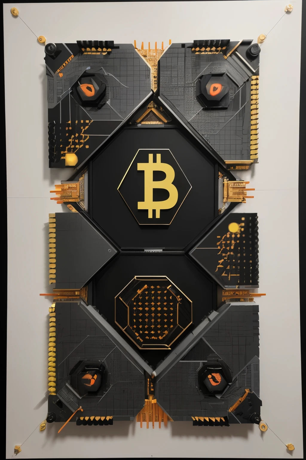 a painting with a logo of eth, bnb, xpr, dot, link, sol, ada, tron, avax, bch, uni, icp, xln, xmr, etc, apt, fet, cro, okb, hbar, gala, fil, mnt, render, vet, to, imx, mkr, ing, aave, arb, op, with bitcoin in the center and the rest around bitcoin.
In the background, an environment of an Asics circuit printed in light gray tones.