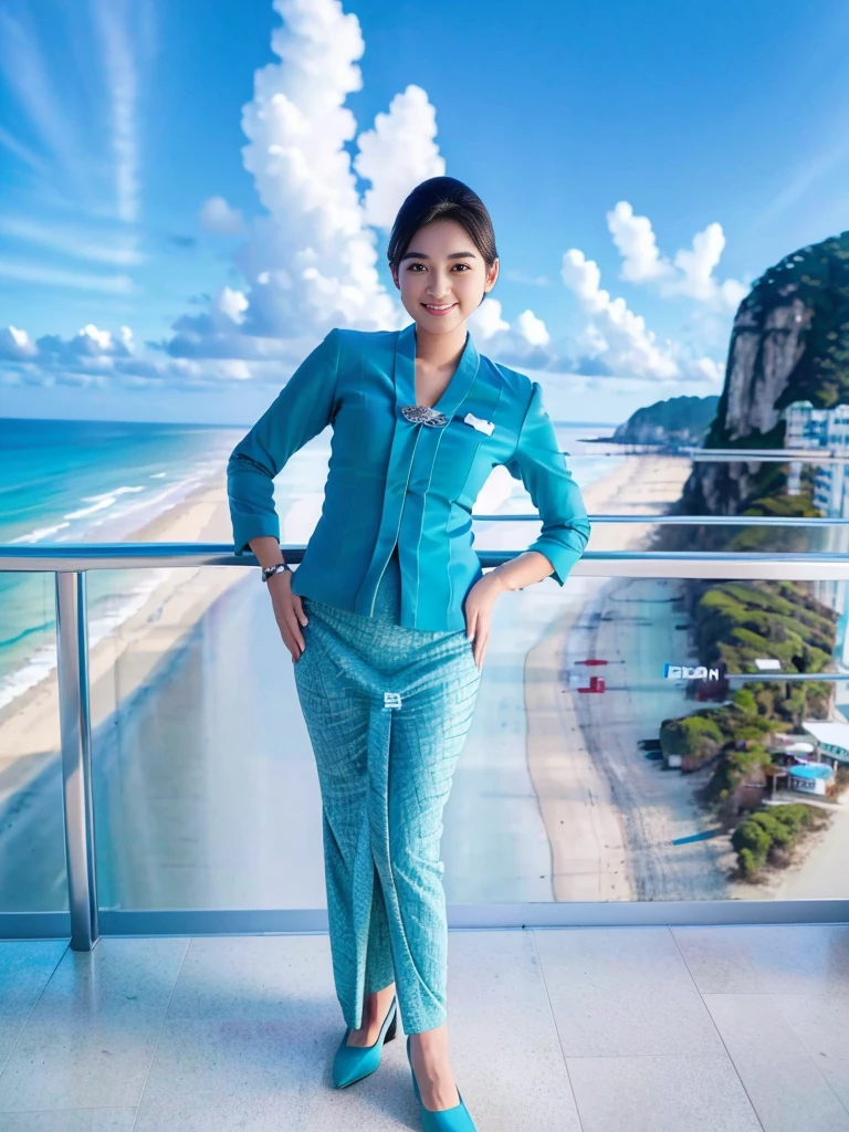 1girl, solo, standing, at the beach,  beautifully ocean scenery, cute little smirk, detailed eyes, thick medium breasts, smooth realistic skin, wearing flight attendant uniform, looking at the audience, (Overhead shot:1.3), (zoom out:1.4), (8k, RAW photo, best quality, masterpiece: 1.2), (realistic, realistic: 1.37), ultra-high resolution