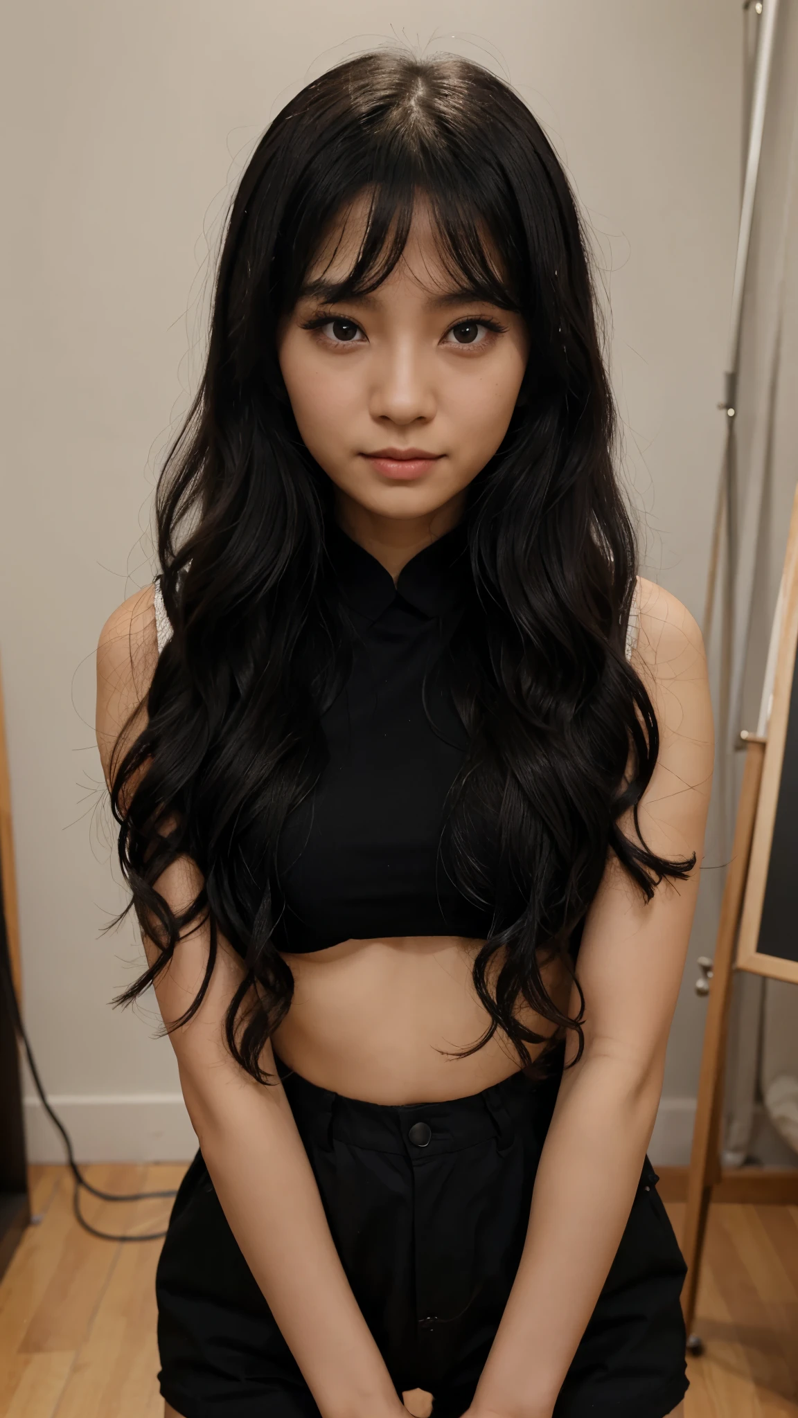 Cute woman, asia, photo studio, black wavy hair